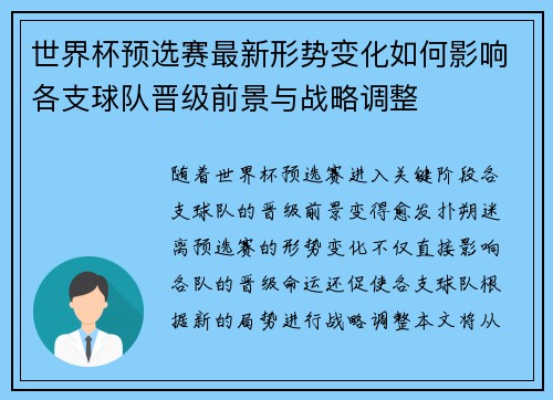 世界杯预选赛最新形势变化如何影响各支球队晋级前景与战略调整 世界杯预选赛最新形势变化如何影响各支球队晋级前景与战略调整