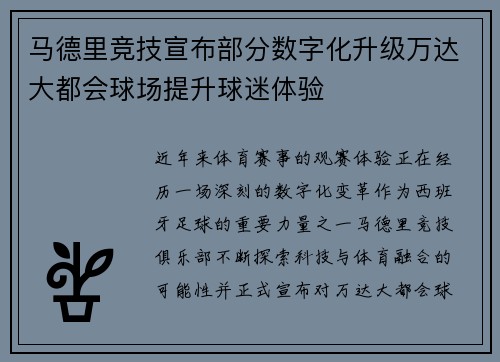 马德里竞技宣布部分数字化升级万达大都会球场提升球迷体验